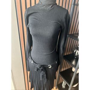Venus Mini Dress sz small Black Ribbed Knit Turtleneck Long Sleeve Pleated Y2K